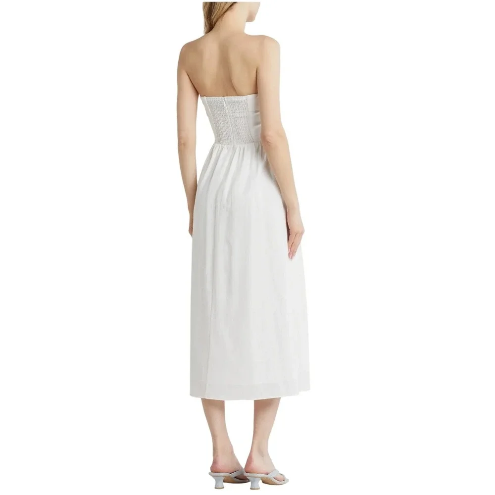 WAYF Strapless Linen‎ Midi Dress White Fit Flare Smocked Back Casual Summer